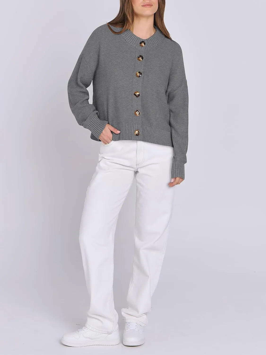 Women Knit Cardigans Sweater Open Front Button Down Long Sleeve Cropped Jacket