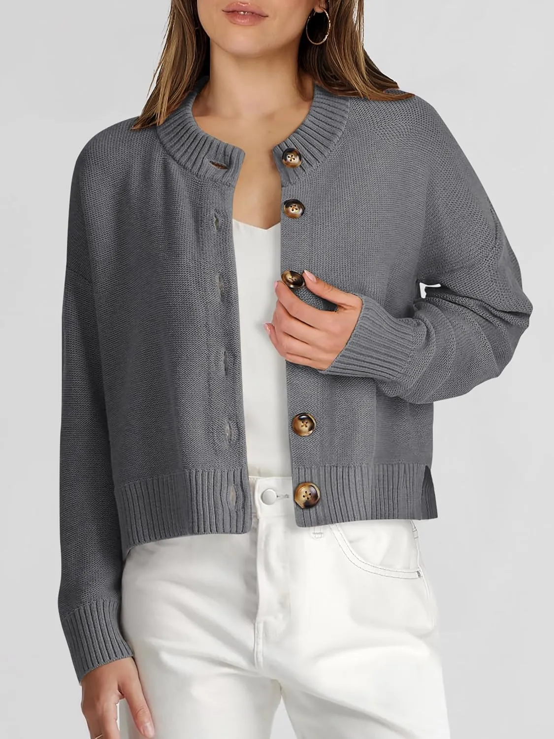 Women Knit Cardigans Sweater Open Front Button Down Long Sleeve Cropped Jacket