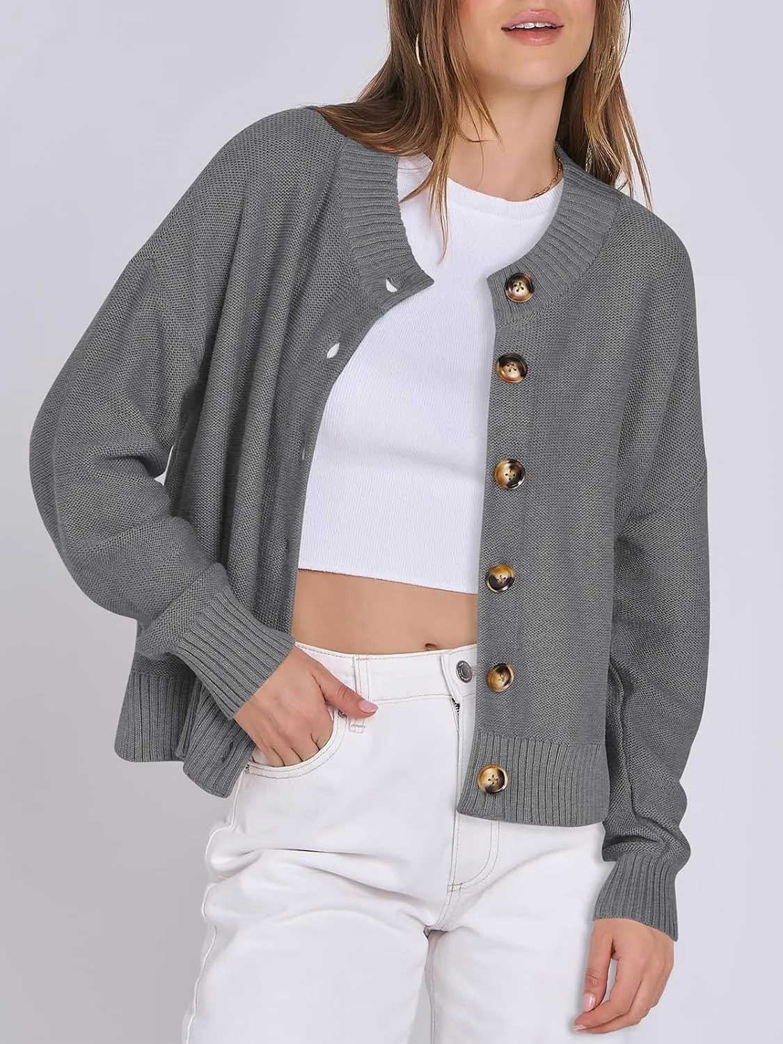Women Knit Cardigans Sweater Open Front Button Down Long Sleeve Cropped Jacket