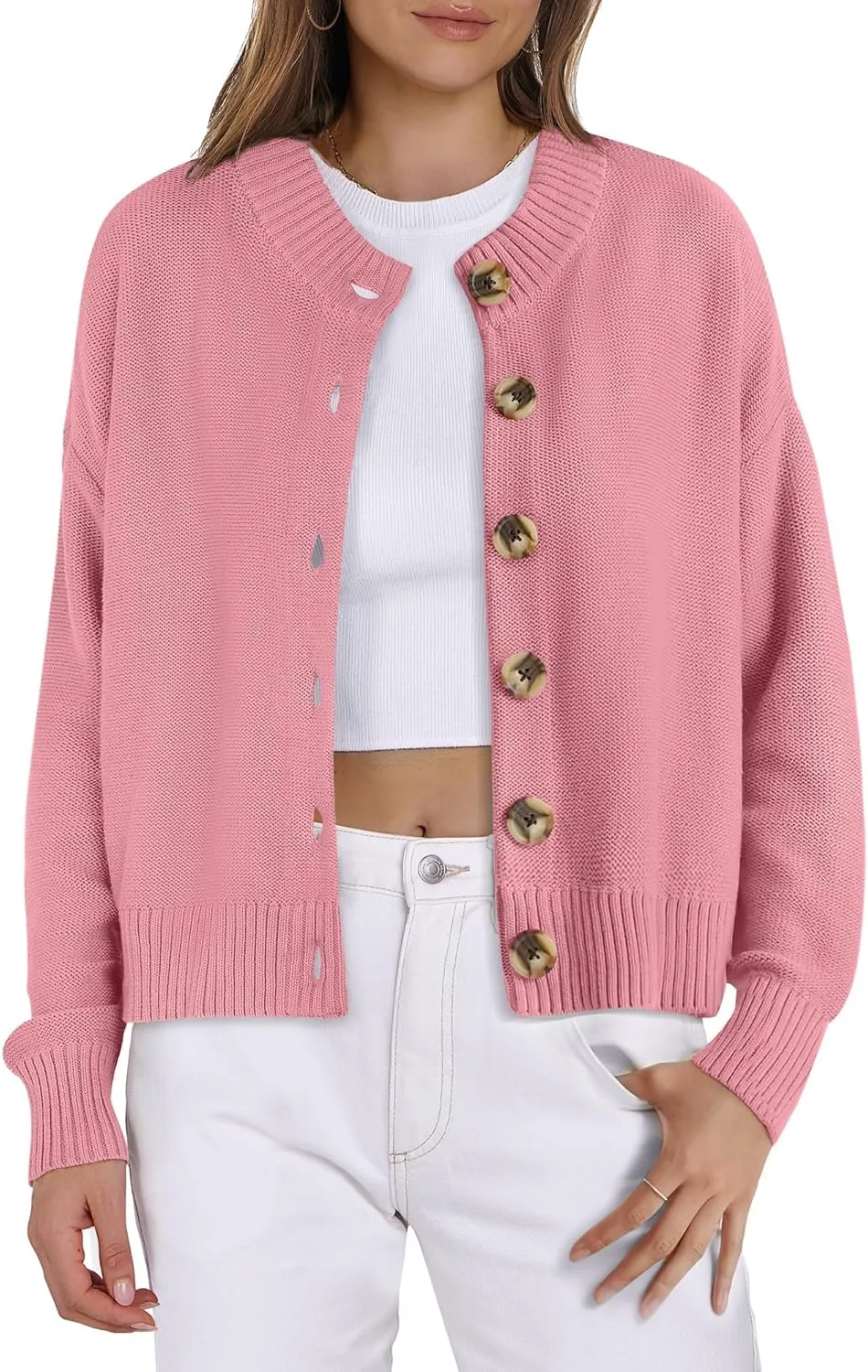 Women Knit Cardigans Sweater Open Front Button Down Long Sleeve Cropped Jacket