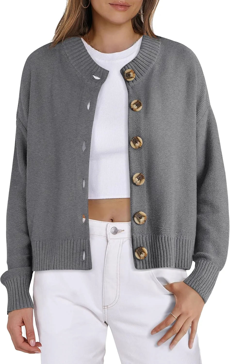 Women Knit Cardigans Sweater Open Front Button Down Long Sleeve Cropped Jacket