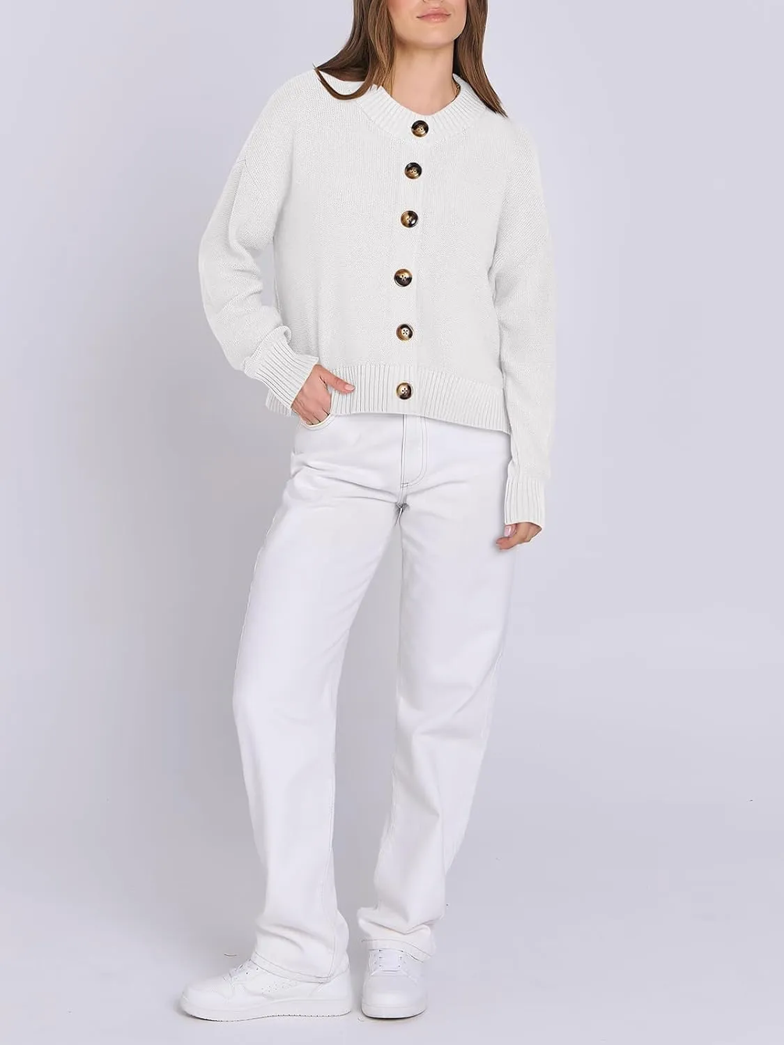 Women Knit Cardigans Sweater Open Front Button Down Long Sleeve Cropped Jacket