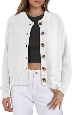 Women Knit Cardigans Sweater Open Front Button Down Long Sleeve Cropped Jacket