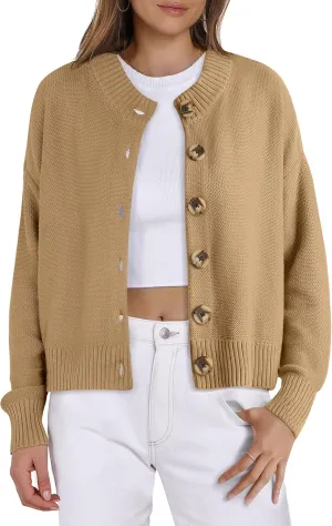 Women Knit Cardigans Sweater Open Front Button Down Long Sleeve Cropped Jacket