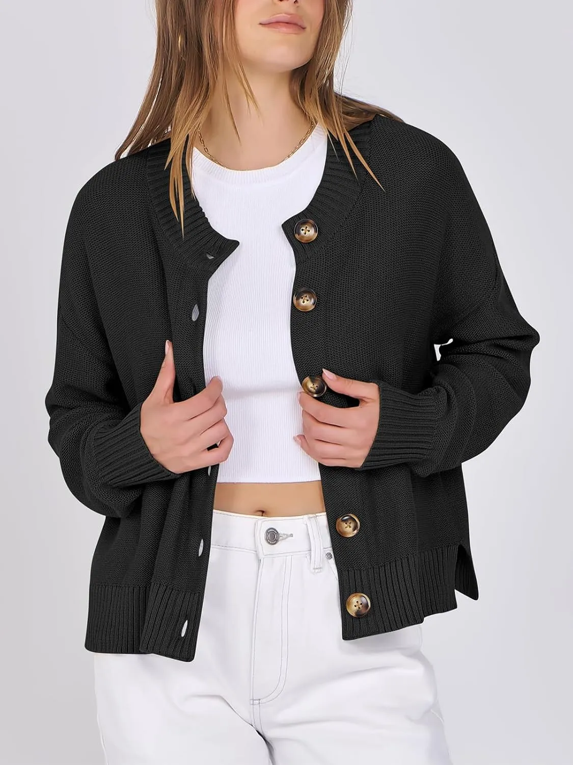 Women Knit Cardigans Sweater Open Front Button Down Long Sleeve Cropped Jacket