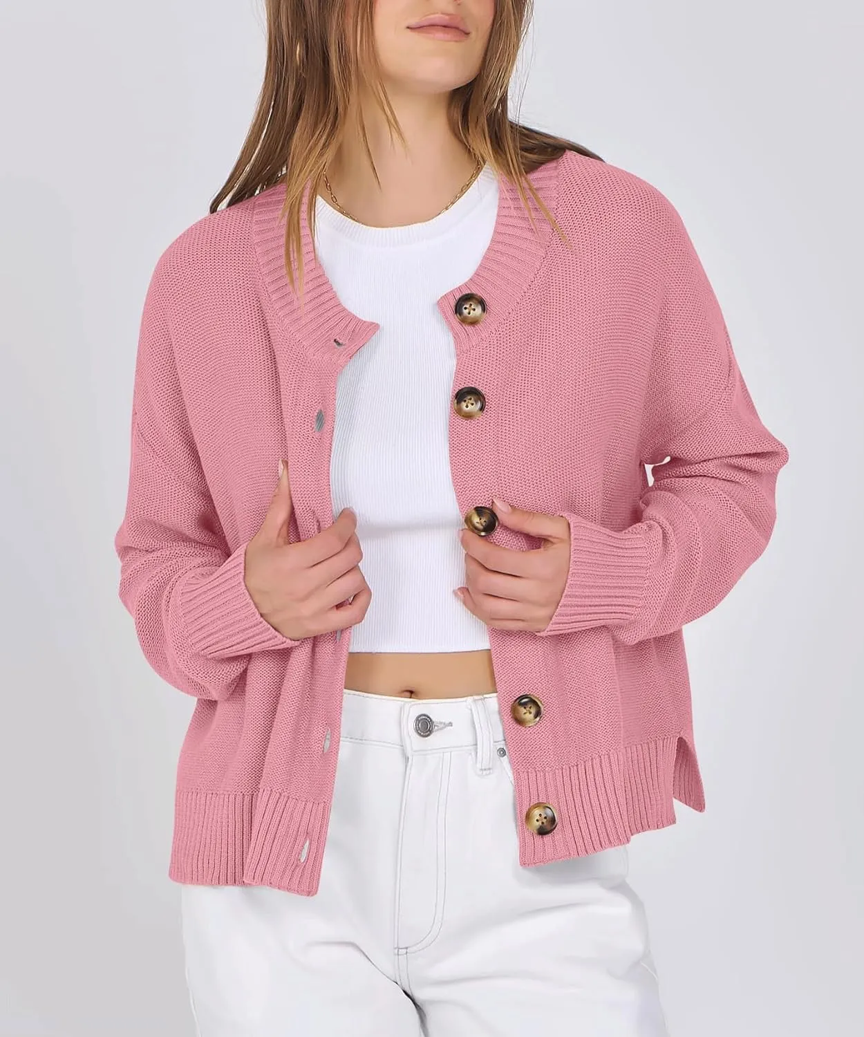 Women Knit Cardigans Sweater Open Front Button Down Long Sleeve Cropped Jacket