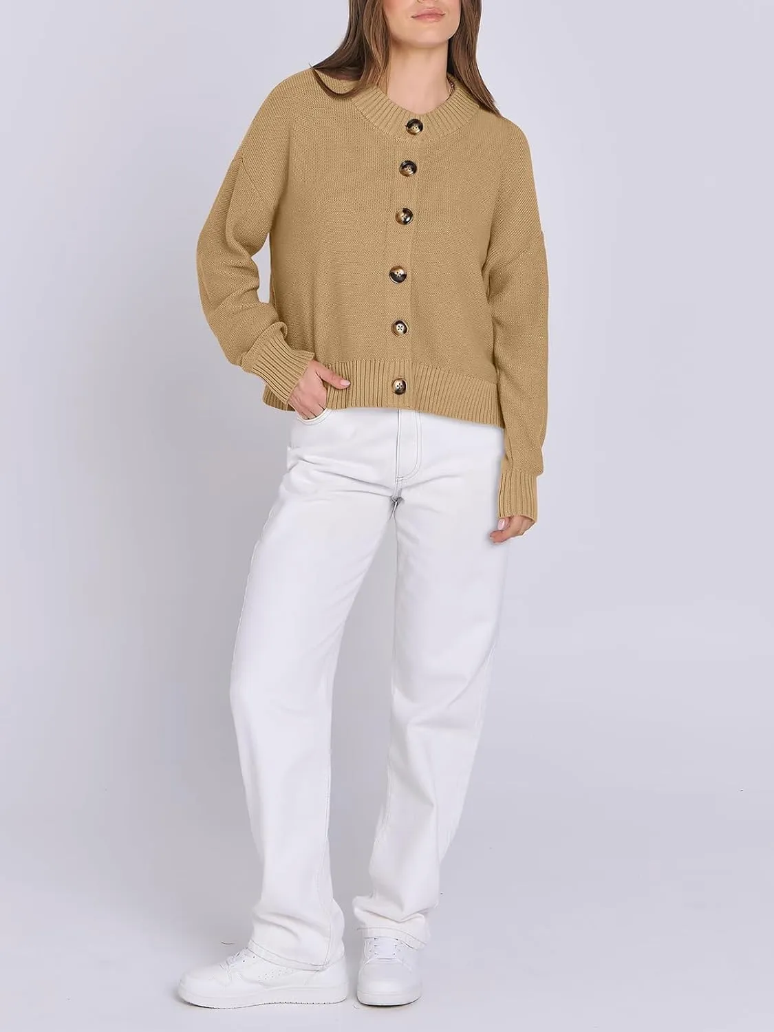 Women Knit Cardigans Sweater Open Front Button Down Long Sleeve Cropped Jacket