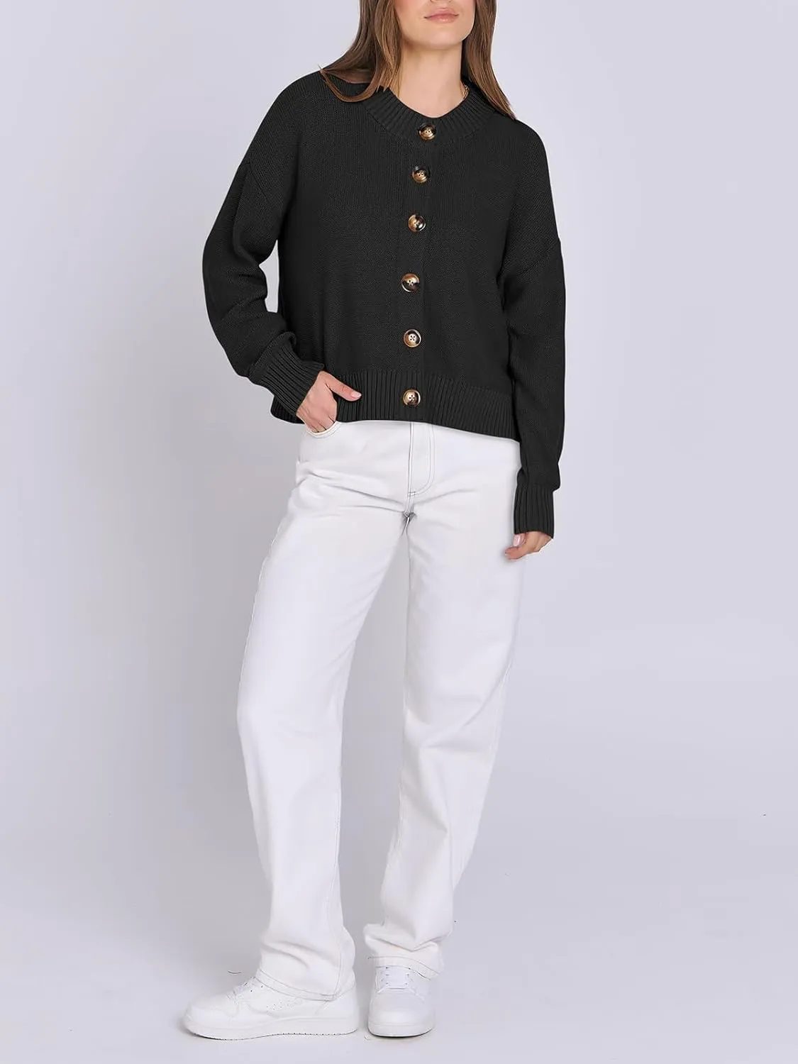 Women Knit Cardigans Sweater Open Front Button Down Long Sleeve Cropped Jacket