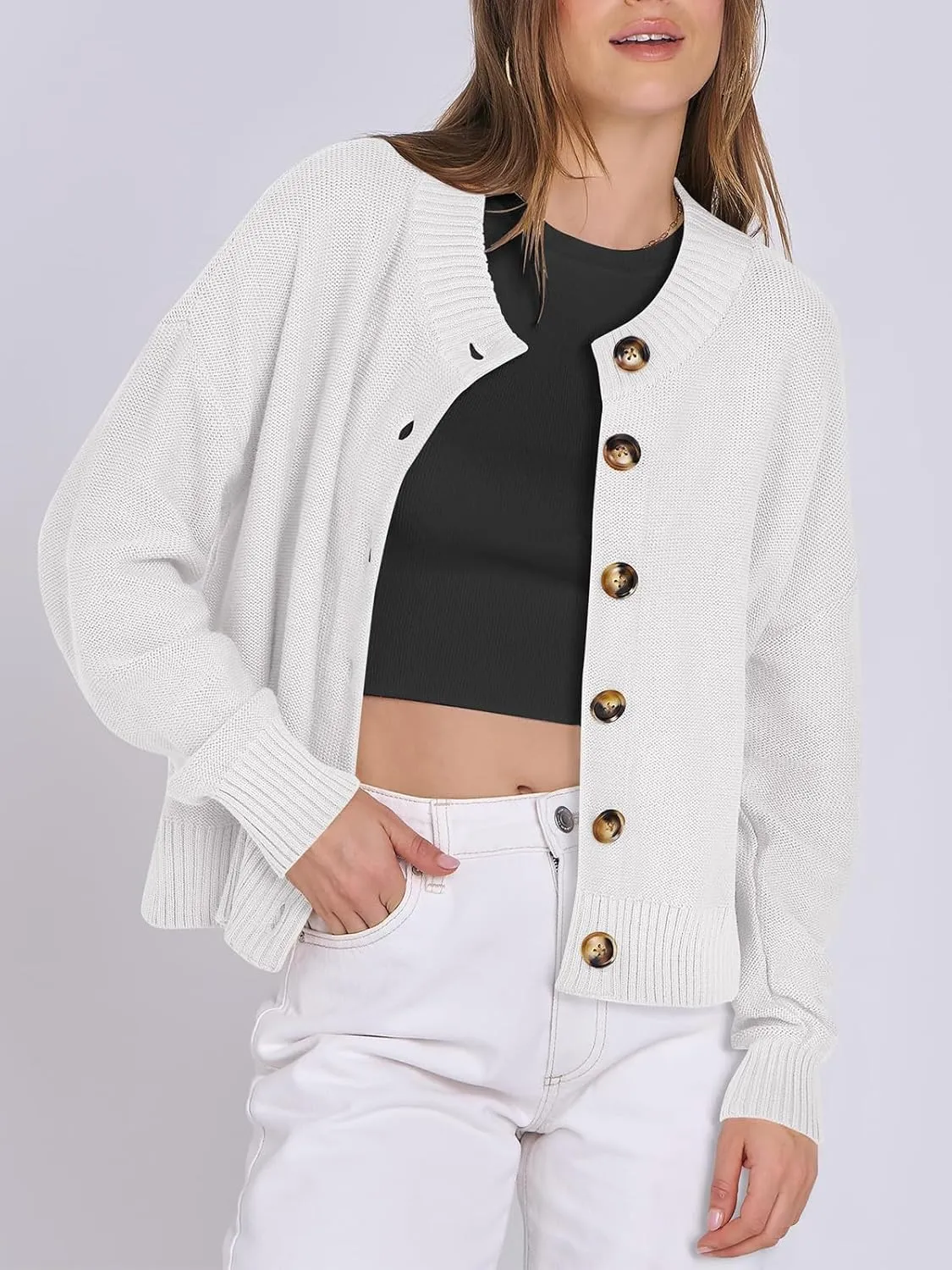 Women Knit Cardigans Sweater Open Front Button Down Long Sleeve Cropped Jacket