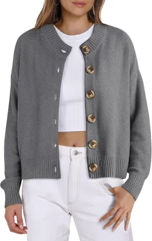 Women Knit Cardigans Sweater Open Front Button Down Long Sleeve Cropped Jacket