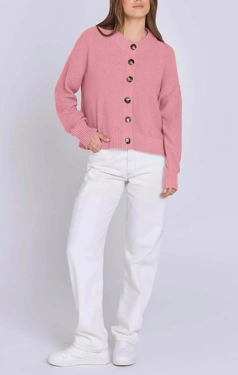 Women Knit Cardigans Sweater Open Front Button Down Long Sleeve Cropped Jacket