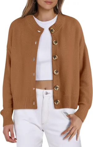 Women Knit Cardigans Sweater Open Front Button Down Long Sleeve Cropped Jacket