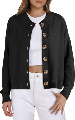 Women Knit Cardigans Sweater Open Front Button Down Long Sleeve Cropped Jacket