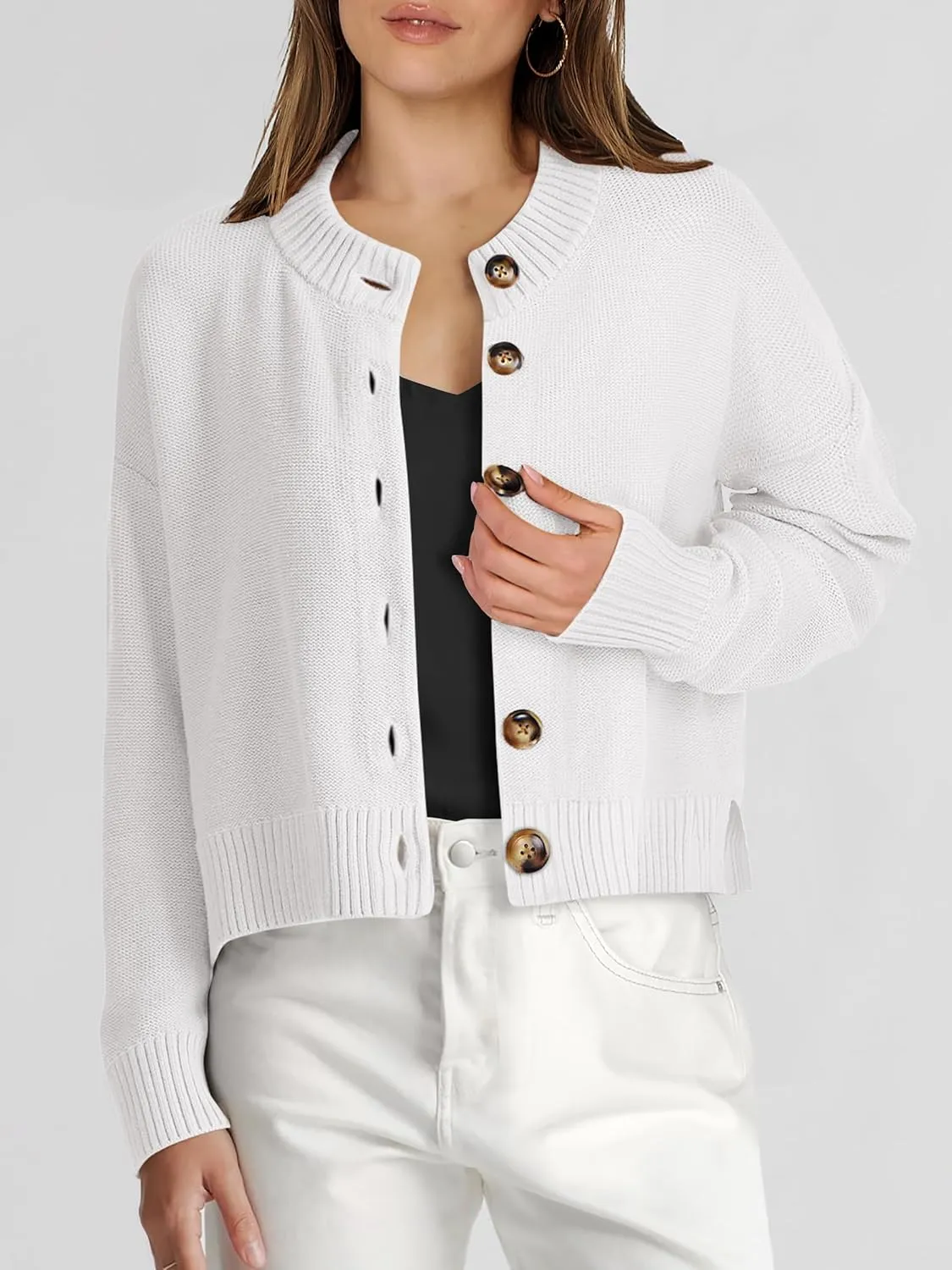 Women Knit Cardigans Sweater Open Front Button Down Long Sleeve Cropped Jacket