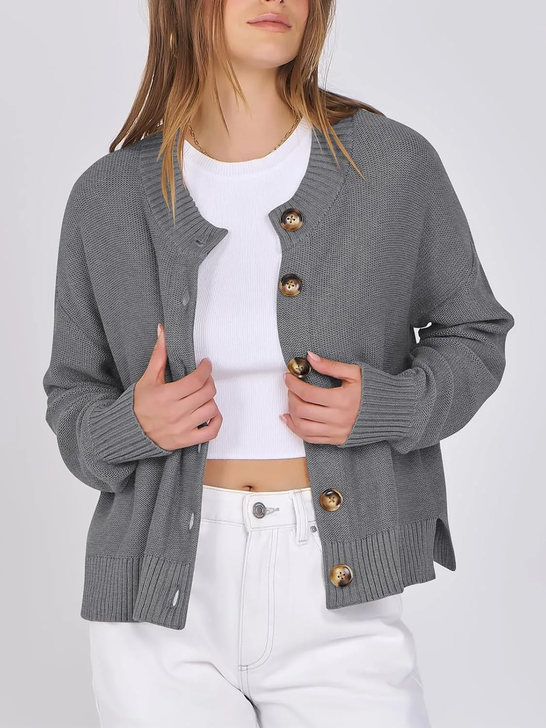 Women Knit Cardigans Sweater Open Front Button Down Long Sleeve Cropped Jacket