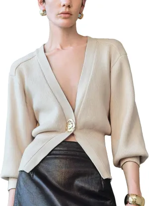 Women Knitted Cardigans Long Sleeve V-Neck Lightweight Sweater One Leaf Button Down Outwear