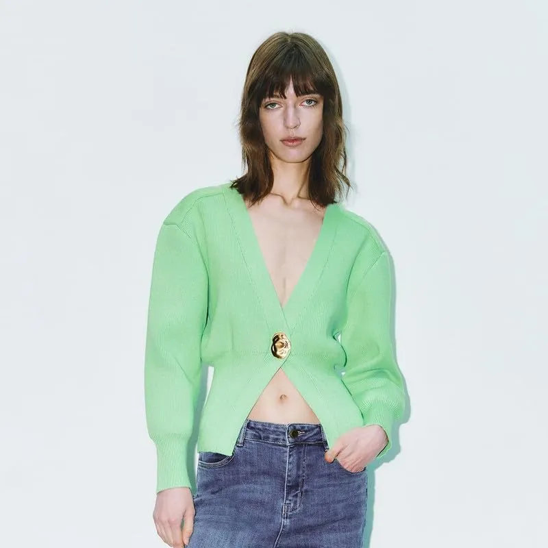 Women Knitted Cardigans Long Sleeve V-Neck Lightweight Sweater One Leaf Button Down Outwear