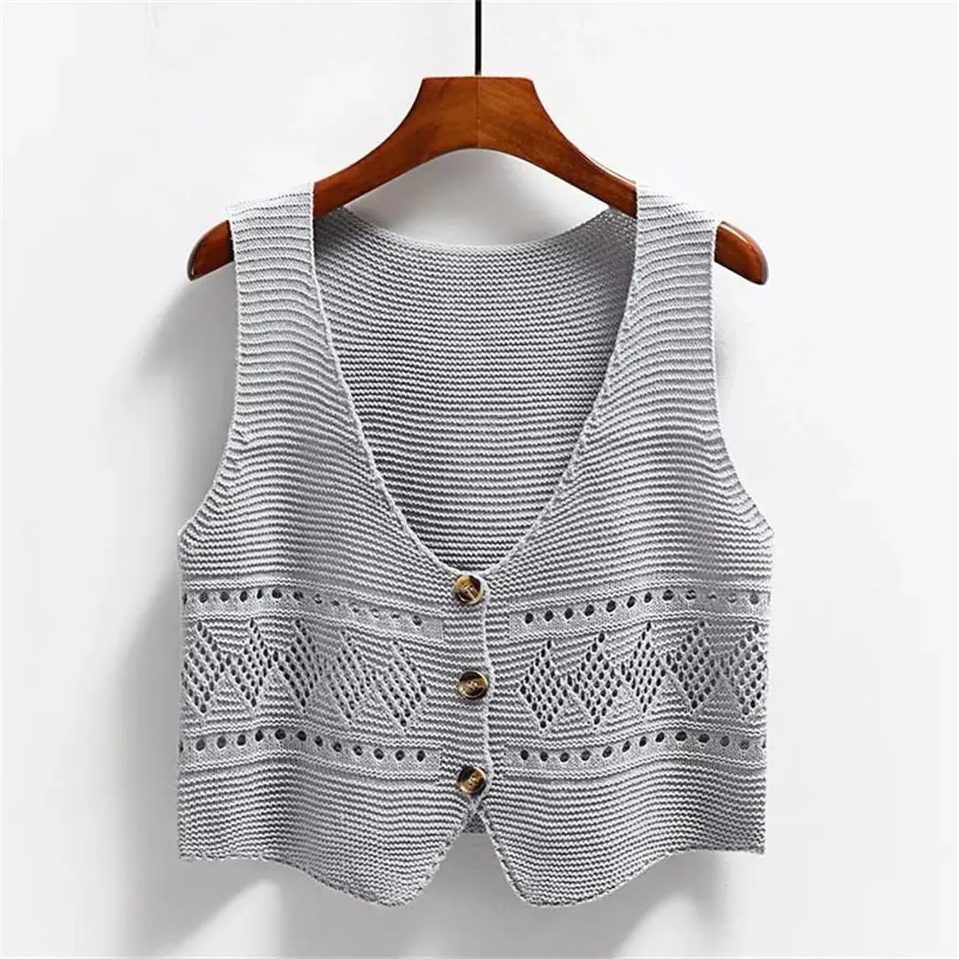 Women Versatile Solid Color V-Neck Vest Loose Shoulders Sleeveless Knit Vest Jacket Top