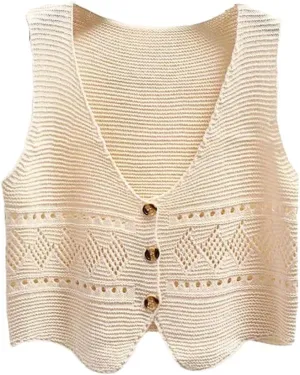 Women Versatile Solid Color V-Neck Vest Loose Shoulders Sleeveless Knit Vest Jacket Top