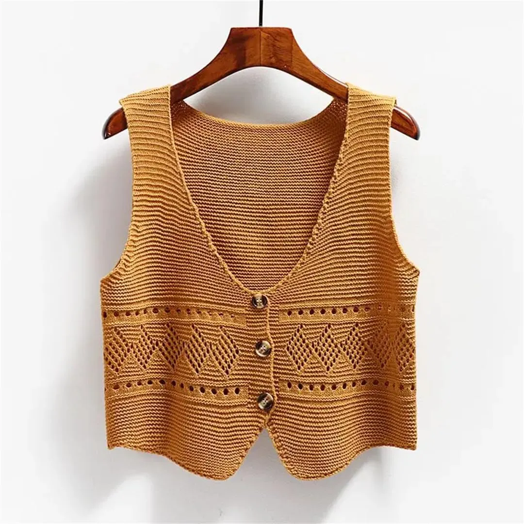 Women Versatile Solid Color V-Neck Vest Loose Shoulders Sleeveless Knit Vest Jacket Top