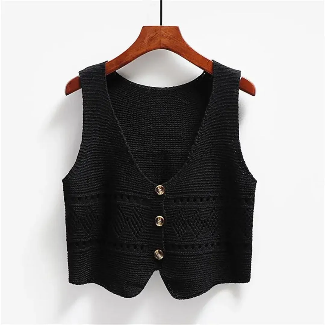 Women Versatile Solid Color V-Neck Vest Loose Shoulders Sleeveless Knit Vest Jacket Top