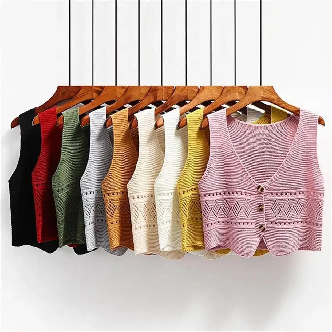 Women Versatile Solid Color V-Neck Vest Loose Shoulders Sleeveless Knit Vest Jacket Top