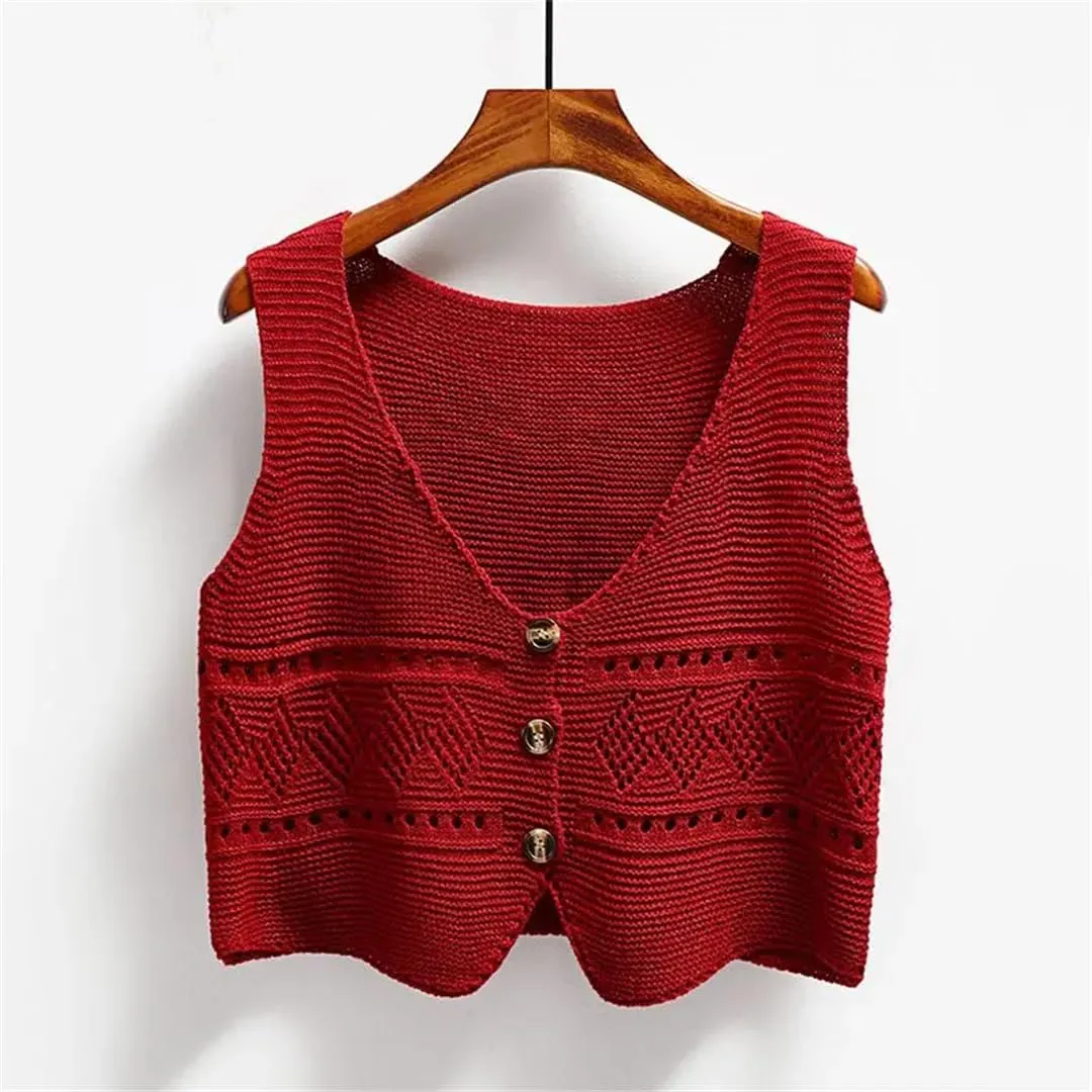 Women Versatile Solid Color V-Neck Vest Loose Shoulders Sleeveless Knit Vest Jacket Top
