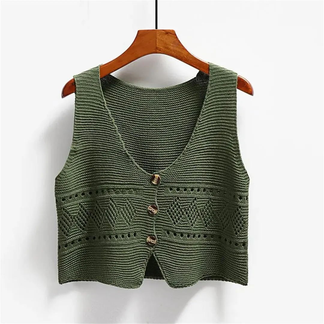 Women Versatile Solid Color V-Neck Vest Loose Shoulders Sleeveless Knit Vest Jacket Top