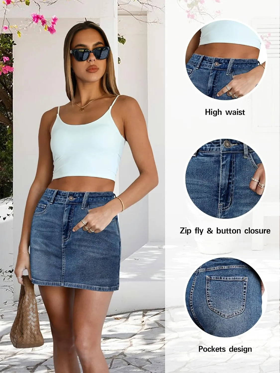 Women's Denim Mini Skort High Waisted Stretch Casual Jean Skirt Shorts 5 Pockets