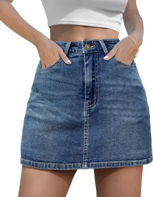 Women's Denim Mini Skort High Waisted Stretch Casual Jean Skirt Shorts 5 Pockets