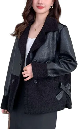Women's Faux Shearing Moto Jackets Winter Sherpa Fleece Patchwork Leather Jackets