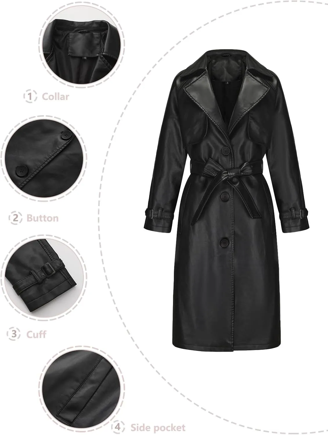 Women's Long PU Leather Trench Coat Classic Lapel Open Front Oversized Loose Fit Jacket with Belt(Black,Small)