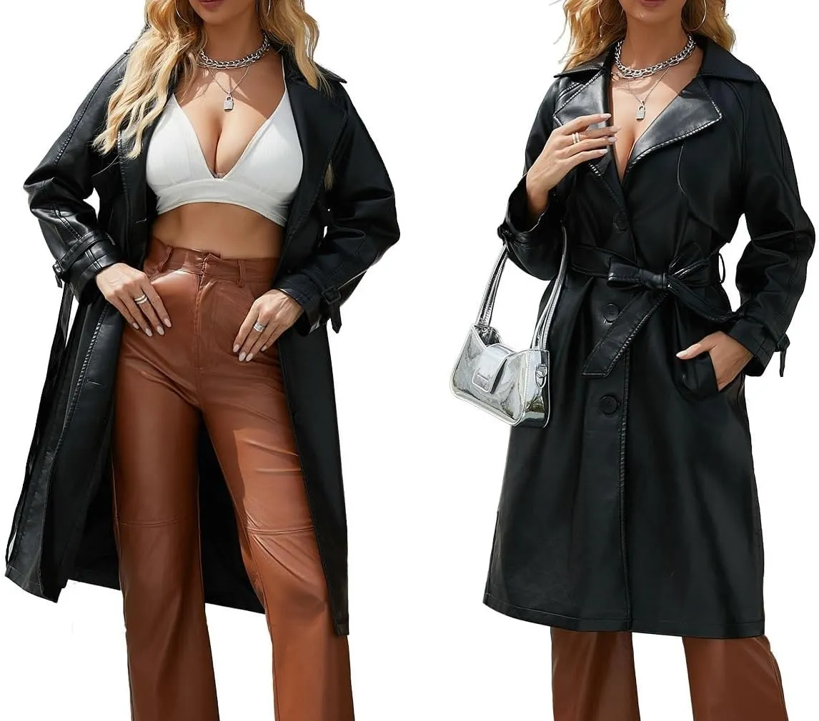 Women's Long PU Leather Trench Coat Classic Lapel Open Front Oversized Loose Fit Jacket with Belt(Black,Small)