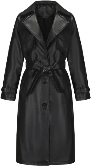 Women's Long PU Leather Trench Coat Classic Lapel Open Front Oversized Loose Fit Jacket with Belt(Black,Small)