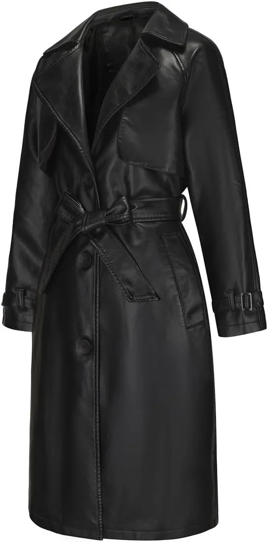 Women's Long PU Leather Trench Coat Classic Lapel Open Front Oversized Loose Fit Jacket with Belt(Black,Small)