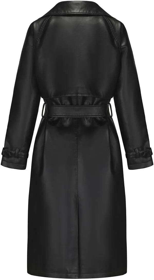 Women's Long PU Leather Trench Coat Classic Lapel Open Front Oversized Loose Fit Jacket with Belt(Black,Small)
