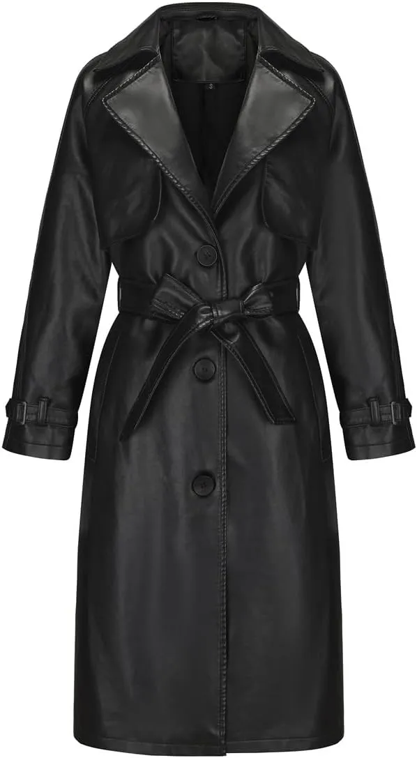 Women's Long PU Leather Trench Coat Classic Lapel Open Front Oversized Loose Fit Jacket with Belt(Black,Small)