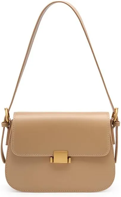 Women's Split Leather Flap Saddle Bags Buckle Shoulder Bags with Crossbody Strap (Apricot)