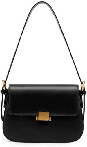 Women's Split Leather Flap Saddle Bags Buckle Shoulder Bags with Crossbody Strap (Black)