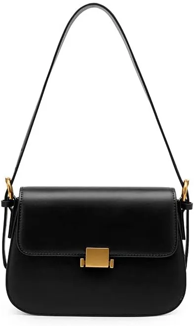 Women's Split Leather Flap Saddle Bags Buckle Shoulder Bags with Crossbody Strap (Black)