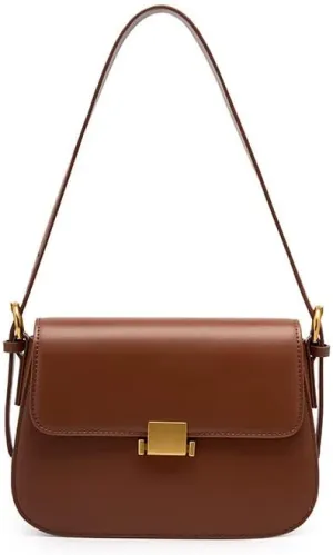 Women's Split Leather Flap Saddle Bags Buckle Shoulder Bags with Crossbody Strap (Brown)