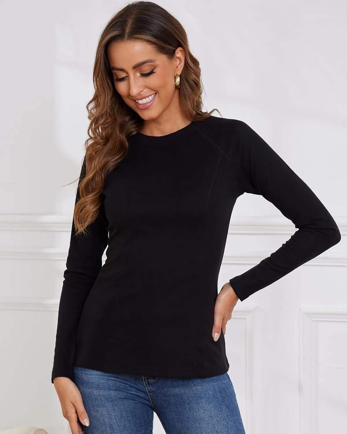 WOWENY Thermal Shirts for Women Base Layer Soft Fleece Lined Long Sleeve Top Thermal Underwear Winter Cold Weather
