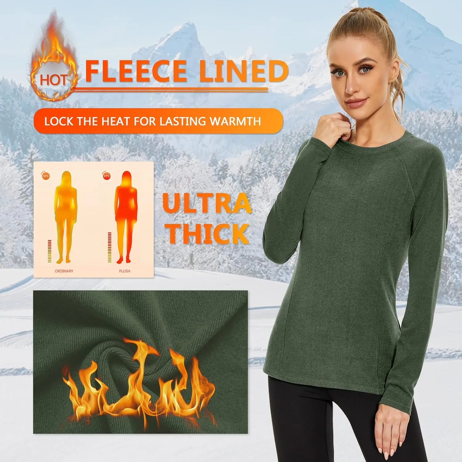 WOWENY Thermal Shirts for Women Base Layer Soft Fleece Lined Long Sleeve Top Thermal Underwear Winter Cold Weather