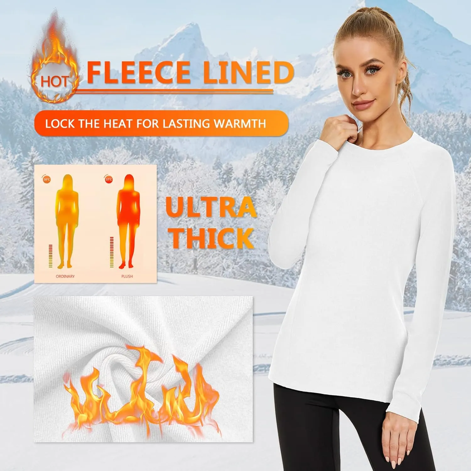 WOWENY Thermal Shirts for Women Base Layer Soft Fleece Lined Long Sleeve Top Thermal Underwear Winter Cold Weather