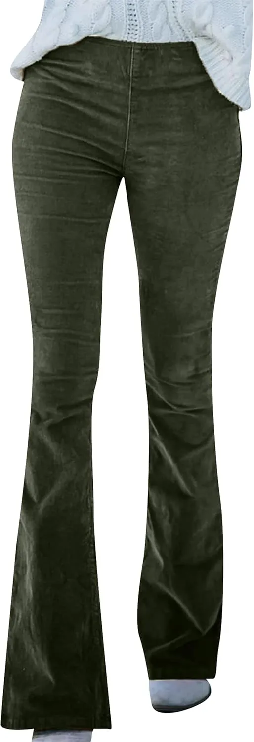 YMING Women's Corduroy Flare Pants Elastic Waist Bell Bottom Trousers Solid Color Stretch Pants with Pockets