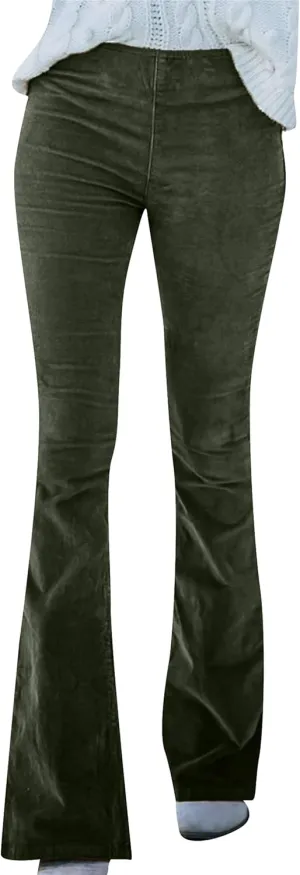 YMING Women's Corduroy Flare Pants Elastic Waist Bell Bottom Trousers Solid Color Stretch Pants with Pockets