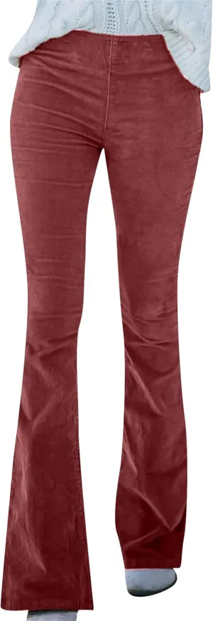 YMING Women's Corduroy Flare Pants Elastic Waist Bell Bottom Trousers Solid Color Stretch Pants with Pockets