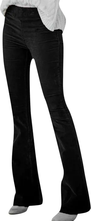 YMING Women's Corduroy Flare Pants Elastic Waist Bell Bottom Trousers Solid Color Stretch Pants with Pockets