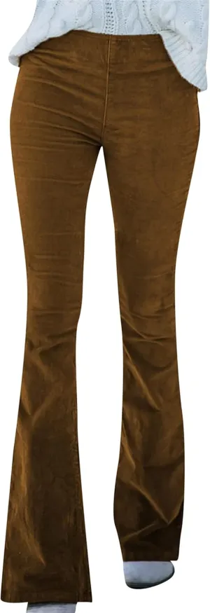 YMING Women's Corduroy Flare Pants Elastic Waist Bell Bottom Trousers Solid Color Stretch Pants with Pockets