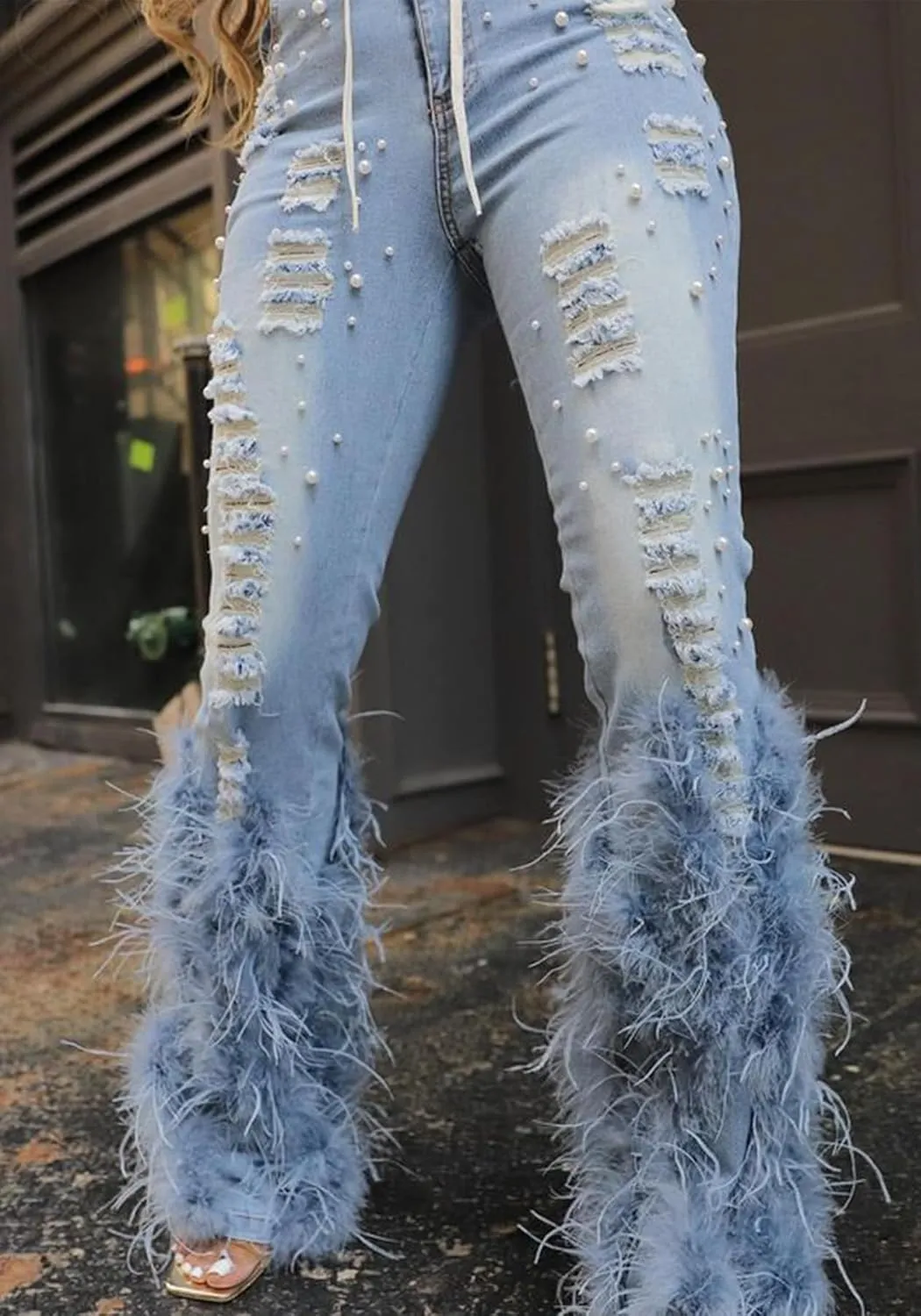 YOOTIKO Women Stretch Pearl Ripped Jeans High Waisted Butt Lifting Skinny Feather Flare Denim Pants